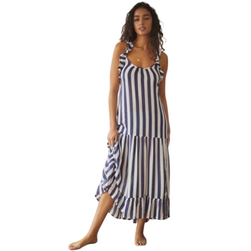 Anthropologie Navy and White Striped Ruffle-Shoulder Swim Coverup Dress